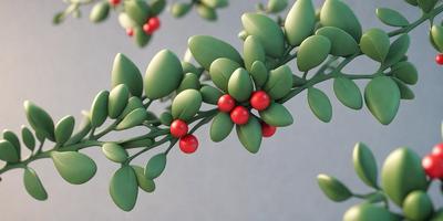 The primary subject of the image is a green plant with red berries. The plant is growing on a gray surface, which adds a contrasting background to the scene. The visual style of the image is a combination of photo and digital art, creating a realistic yet artistic representation of the plant and its berries. The dominant colors in the image are green and red, giving the scene a vibrant and lively atmosphere.